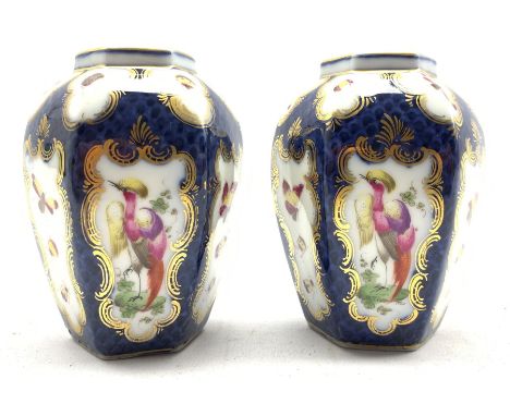 Pair of Paris porcelain hexagonal vases, decorated with panels of birds and insects on a scale blue ground and with 'Worceste