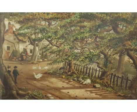 English Primitive School (19th/20th century): Figures Watching Geese in a Country Lane, oil on canvas signed with monogram MB