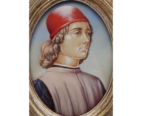 Continental School (20th century): Youth from Lombardy, oval portrait miniature, gouache on ivorine signed with initials H.L.