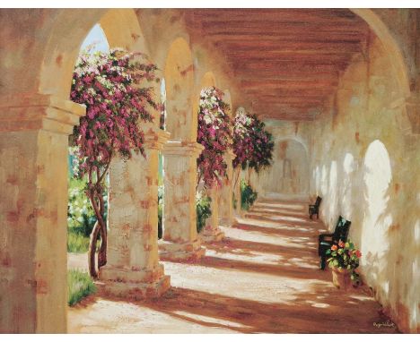After Roger Williams (American 1954-): Sunlit Terrace, textured print on board 54cm x 70cm