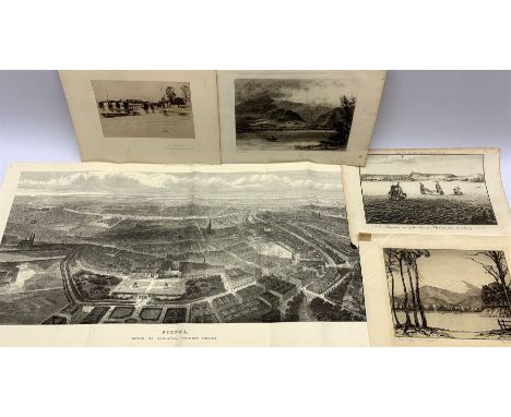 Aerial lithograph of Vienna together with 4 landscape lithographs and engravings max 40cm x 84cm (5)
