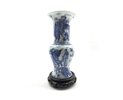 20th century Chinese blue and white vase decorated with figures on stand, H26cm 