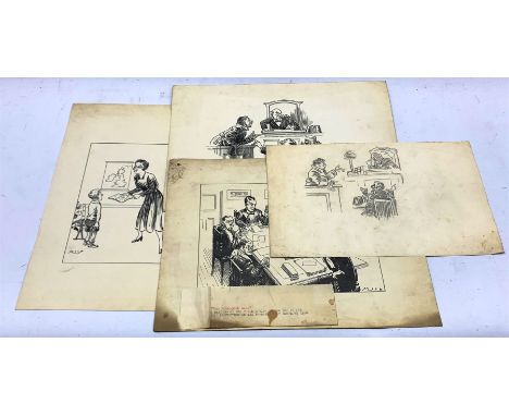 Set 3 early 20th century original cartoons on card, signed 'Mick' together with cartoon sketch on paper max 28cm x 37cm (4)