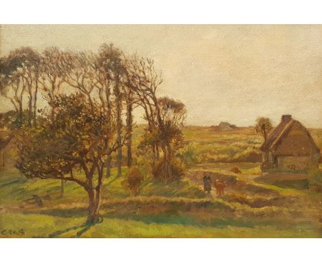 Continental School (Early 20th century): Figures by a Farmstead, oil on canvas indistinctly signed 50cm x 72cm