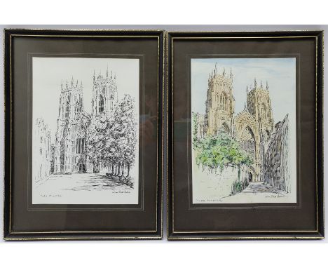 Lorna Ellett-Brown (British Contemporary): York Minster, pair pen and ink sketches and a similar print; together with five ha