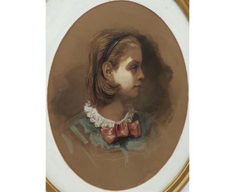 Otto Theodore Leyde RSA RSW (Russian/Scottish 1835-1897): Head and Shoulders Portrait of a Girl, oval watercolour and pencil 