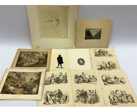 Victorian silhouette together with small engraving of a Stuart Nobleman, etching of a portrait signed, 4 etchings, 3 lithogra