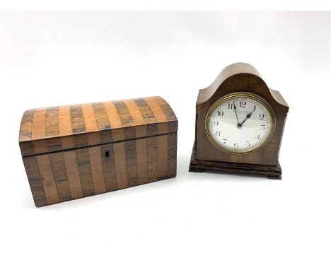 Walnut cased Mappin &amp; Webb mantle clock, together with a 19th century rosewood and mahogany banded two division tea caddy