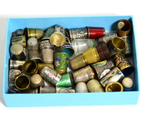 A large quantity of mixed thimbles consisting of enamel, silver, cloisonne examples etc