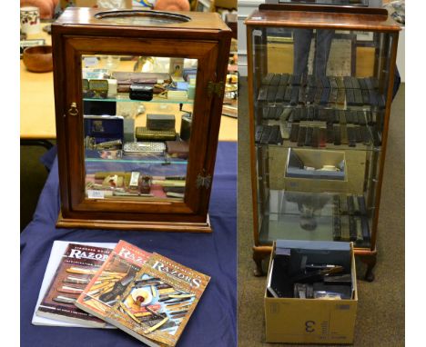 A collection of shaving related items including a 1930s Wilkinson Sword white metal cased razor with interchangeable days of 