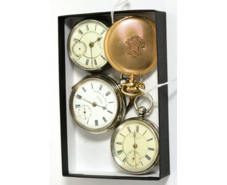 Two silver pocket watches an open faced silver pocket watch and a plated full hunter pocket watch (4)