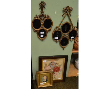 A 19th century portrait watercolour, framed needlework and two 19th century gilt wood frames