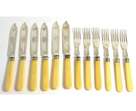 Six pairs of Victorian silver fish knives and forks, Edward Hutton, London 1890, with ivory handles (12)