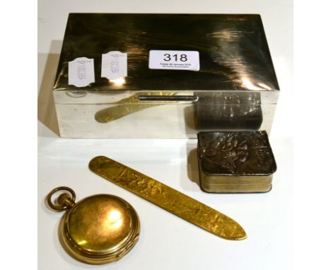 A silver cigarette box, a silver mounted miniature common prayer book, a gold plated full hunter pocket watch and a page mark