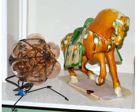 A Chinese pottery Tang horse modelled as 'The Warrior Horse of Prince Yi Te', with certificates and paperwork, 40cm high, tog