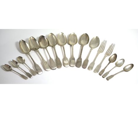 A group of assorted George III and later silver fiddle pattern flatware, comprising: eight table spoons, two table forks and 