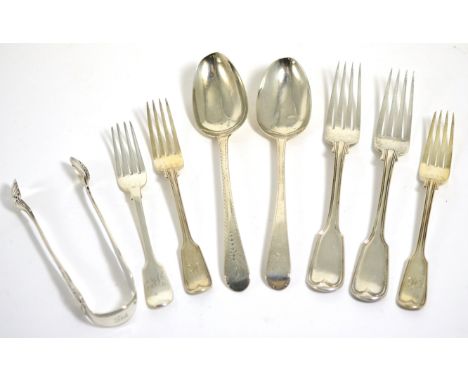 A group of silver flatware comprising: two bright engraved George III tablespoons; a pair of Victorian fiddle and thread tabl