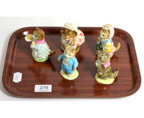 Beswick Beatrix Potter figures comprising: 'Cousin Ribby', 'Miss Moppet', Second Variation, 'Mrs.Tiggy-Winkle', 'Ribby' and '