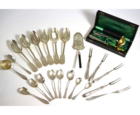 A set of six German fiddle and thread pattern spoons; together with a quantity of Continental, mostly German silver flatware 