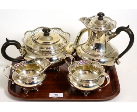 A four piece silver tea service, David & George Edward, London 1933, circular with pierced gallery, 55.6ozt
