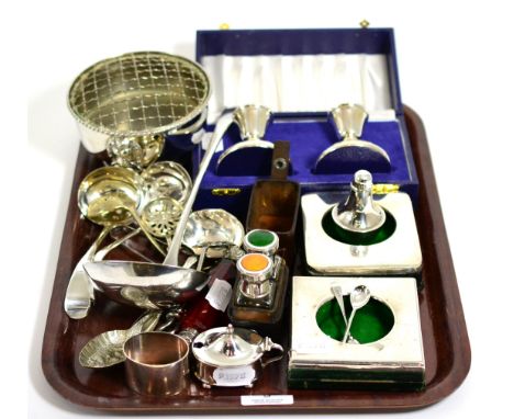 A quantity of silver and plate including pocket watch stands, cased candlesticks, scent bottle etc 