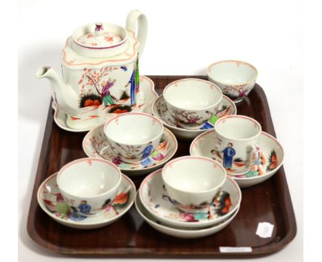 A group of Newhall tea wares including a teapot, teapot stand, tea bowls, saucers etc 