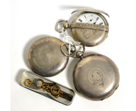 Two silver pocket watches and an unusual plated pocket watch with a shutter opening front cover (3)