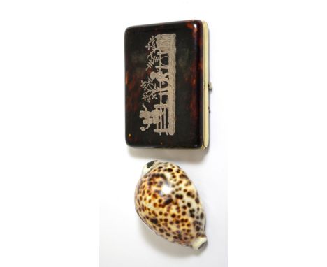 A shell snuff box dated 1819 and a white metal inlaid card case (2)