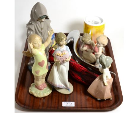 Five Nao figures, Lladro figure, Swarovski ''Flop'', Royal Doulton trinket box, Hand on Heart with love figure and a Manolo 