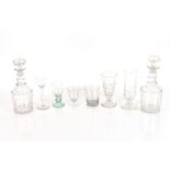 A collection of Georgian and later antique glass including a pair of decanters, an unusual lead