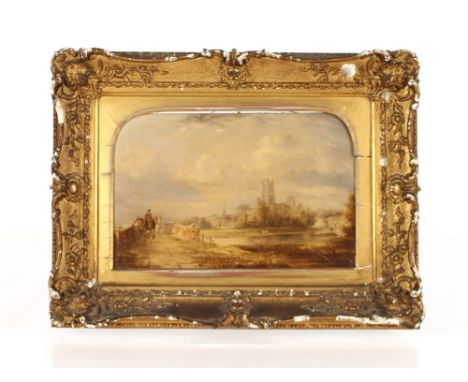 19th Century school, study of figures and horses crossing a bridge with Cathedral in the background, probably Ely, unsigned o