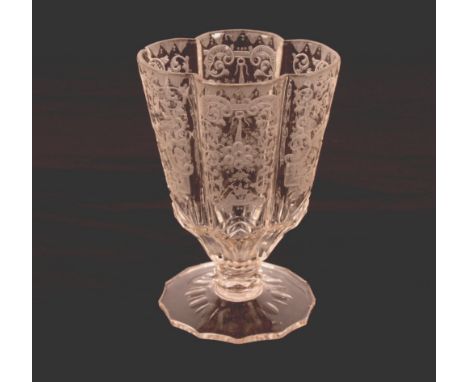 A Georgian period glass hunting cup of unusual form, with fine Baroque engraving, 14cm high, circa 18th Century (some old dam