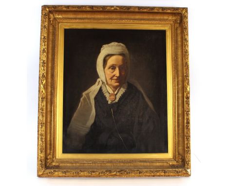 19th Century school, portrait study of an elderly lady wearing a lace cap, unsigned oil on canvas, 77cm x 64cm contained in a