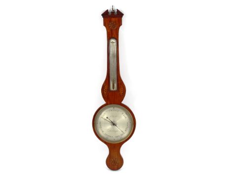 A 19th Century mahogany and inlaid banjo barometer by C. Farelli of Northampton, having silvered dials beneath and broken arc