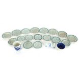A collection of Staffordshire dolls plates with green and white transfer decoration; a late 18th