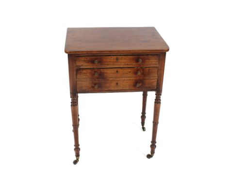 A late regency mahogany work table, fitted single drawer and double fronted deep drawer, drop flap raised on ring turned tape