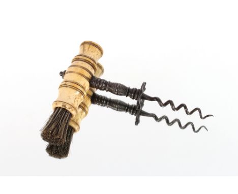 A Georgian bone handled steel corkscrew, with integral brush