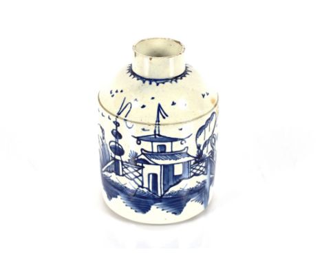 A 19th Century pearl ware cylindrical tea caddy, decorated in the Chinese manner, 10.5cm high