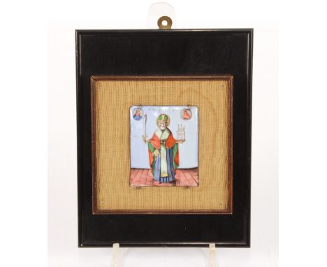 A small religious enamel icon, mounted on a plinth, inscription verso, states "Lent By Sir John Pringle Bart 1865" icon 7cm x
