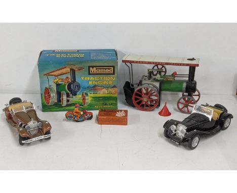 A Mamod Traction engine T.E.1A steam tractor with box, together with a Burago Jaguar SS 100 1937, and a Burago Mercedes Benz 