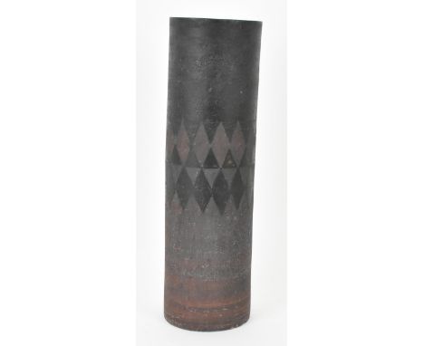 An early Troika pottery cylindrical vase by Benny Sirota, with painted bi-colour banded and lozenge decoration, painted monog