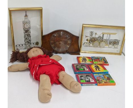 A mixed lot to include Charlie Chaplin 8mm movie film reel and others, with a vintage Cabbage Patch doll, a mantel clock and 