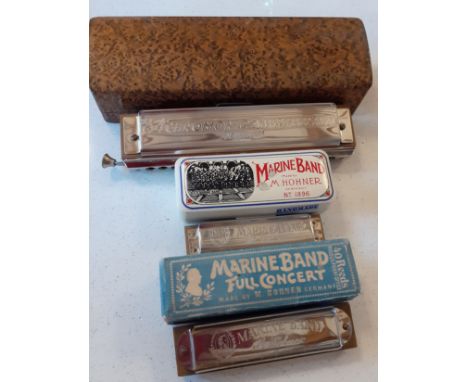 Three vintage Hohner harmonicas to include 2 Hohner Marine Band examples and a Hohner 64 Chronomica. Location:RAB 