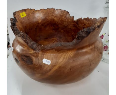 A Terry Harvey hand turned burr wych elm planter, label and carved insignia to base, 27cm High x 29cm internal diameter x 40c