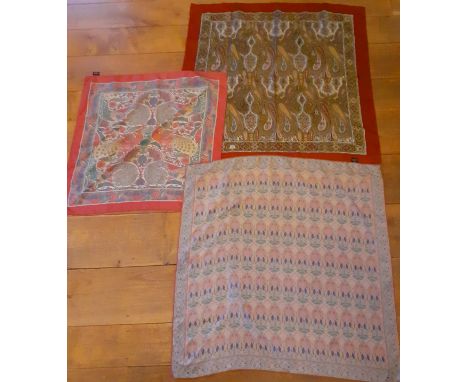 Liberty- Three vintage silk scarves to include a brown Tana Lawn scarf, 33" x 34", a rose pink ground silk scarf with images 