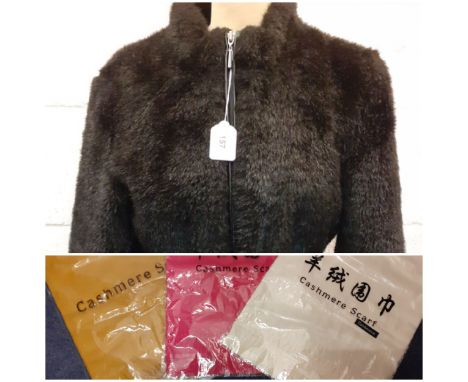 A modern black faux fur jacket with black leather belt together with 3 unopened cashmere Pashmina wraps in pink, cream and mu