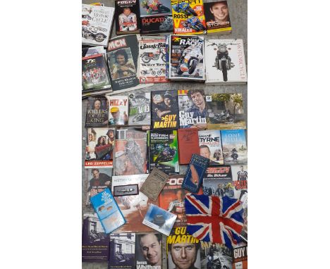 A large quantity of Motorcycle autobiographies and magazines, Fishing and other books to include Guy Martin and TT related ma