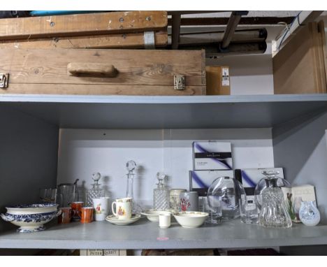 A selection of ceramics and glassware to include a Mappin & Webb cut glass decanter with silver collar, Birmingham 1939, boxe