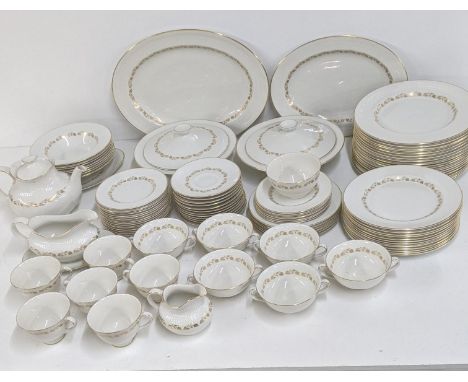 A royal Doulton Fairfax dinner service to include a pair of treen, teapot, sauce boat, two platters cups and saucers and othe