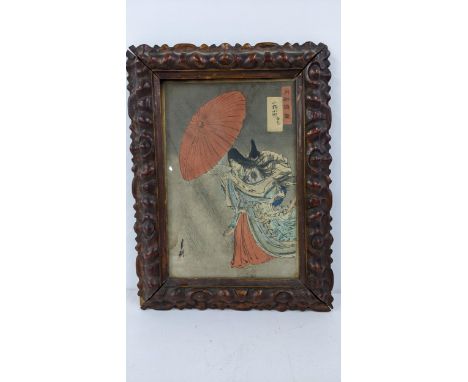 A 20th century Japanese school after Ogata Gekko, a portrait of a woman in a rainstorm wood block print, 25cm x 17cm in a car